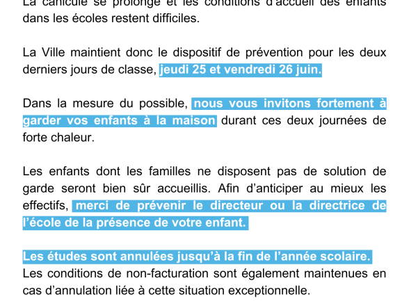 canicule 25 et 26 juin organisation des écoles